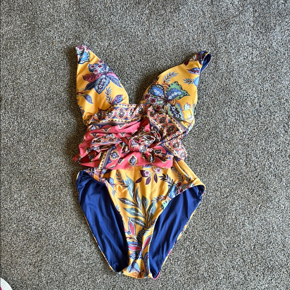 BECCA One Piece Swimwear in Orange and Purple with Plunging V-Neckline - Picture 2 of 3